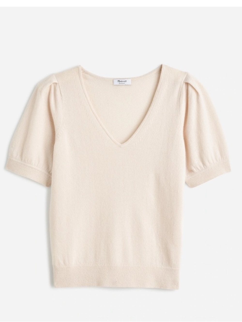Madewell Cashmere Cream V-Neck Puff Short Sleeve Sweater